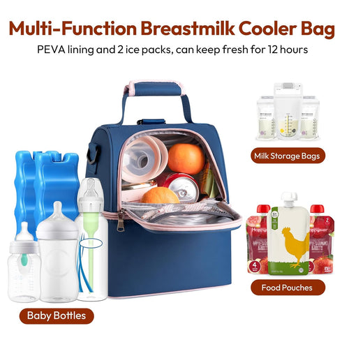 2 Pack 6 NCVI Breastmilk Cooler Bag, Breast Pump Bag with Ice Fits Bottles, Double Layer Breast Milk Cooler Travel Bag
