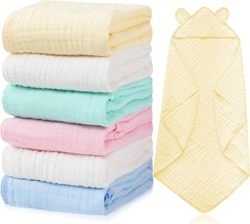 6 6 Preboun Pcs Muslin Baby Hooded Towels Cotton Absorbent Layers Cute Bath Toddler Towels for Newborn Kids Girl Infant