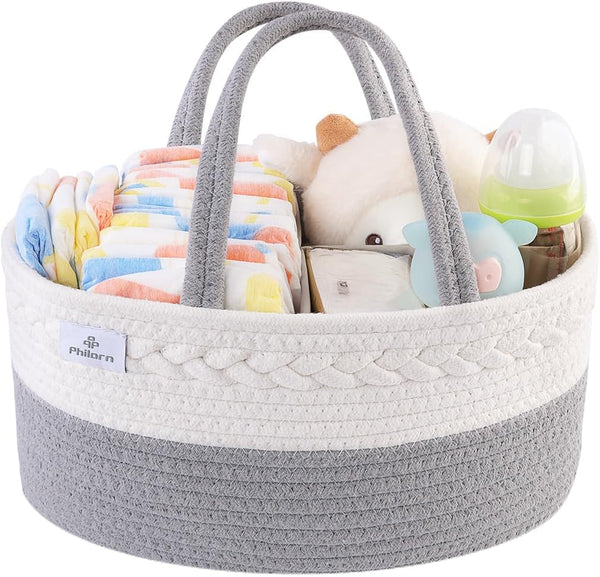 PHILORN Diaper Caddy Organizer - Cotton Rope Basket with Dividers, Nursery Storage for Changing Table, Baby Shower Gift