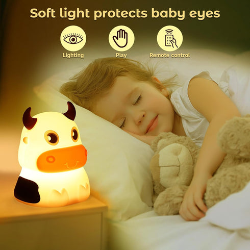 AVEKI Night Light for Kids, Portable Tap Control Rechargeable Color Changing Lamp, Remote Control Cute Cow Night Lamp