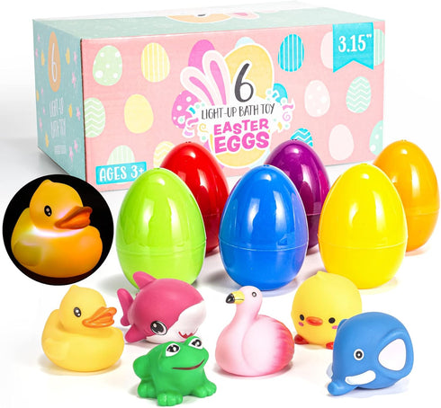 6 JOYIN Pcs Prefilled Easter Eggs with Floating Animal Light-up Bath Toys, Luminous Bathtub Toys for Kids Easter Eggs