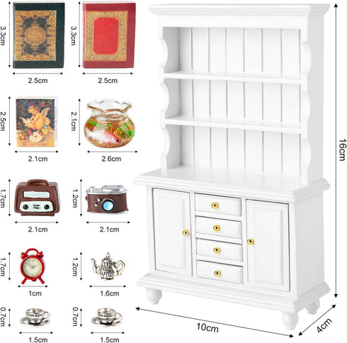 Minamzee 1/12 Set, 11Pcs Dollhouse Cabinet Dollhouse Miniature Wooden Bookshelf with Accessories (Alarm Clock, Fish