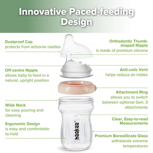 Gen.3 6M+ 6.3 oz/180 ml, haakaa Natural Glass Baby Bottle Wide Neck Anti-Colic Variable Flow Nipple - Easy to Clean