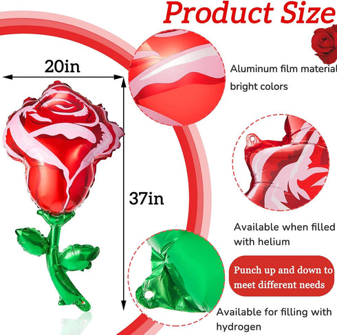 Gejoy 6 Pcs 37 Inch Red Rose Foil Balloons for Mother's Day, Flower Shaped Party Supplies