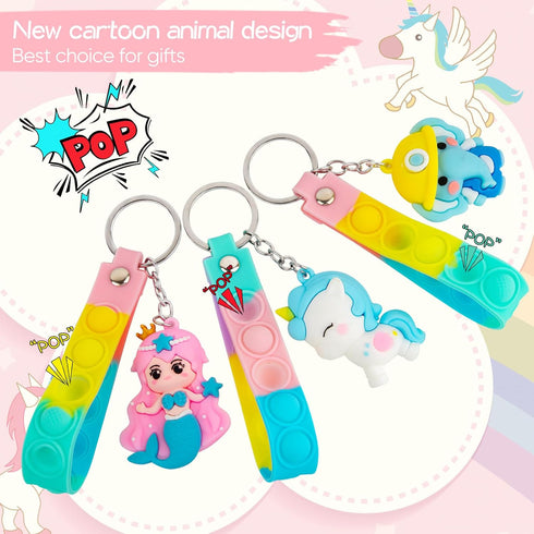 28 Pack Pop Fidget Toys Bulk Keychain for Kids, Mini Pop Its with 3D Animal Cute Keychains