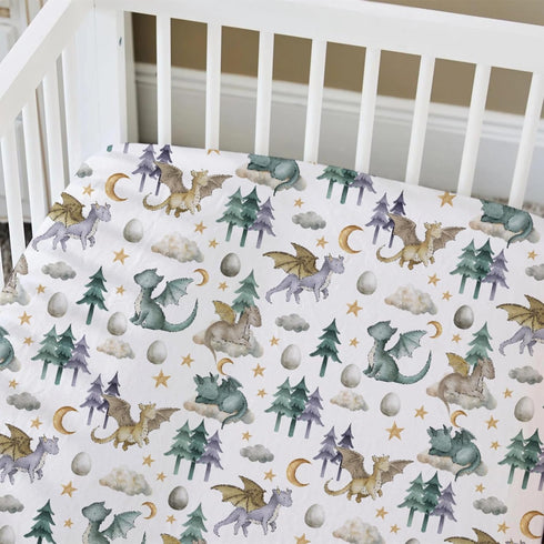 52" 28" HawSkgFub Watercolor Cute Dragon Fairy Tale Fitted Standard Crib Sheet Baby Boy, Cloud Moon Star Dragons Egg