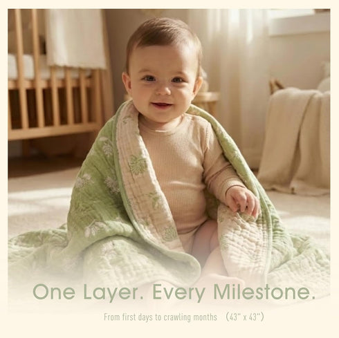 43x43 Ultra Soft Muslin Baby Blanket - Made with Organic Cotton, Earthy Botanicals Jacquard Swaddle & Crib Quilt, (Sage