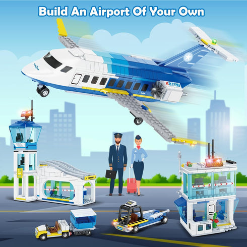 City Passenger Airplane Building Set, 711 PCS 3 IN 1 Plane Blocks Kit with Airport Terminal, Radar Tower, Luggage Truck
