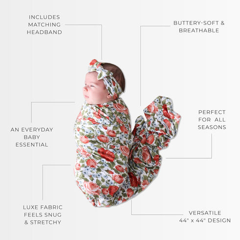 Set Posh Peanut Swaddle Blanket + Headband - Soft Newborn Swaddle Doubles As a Stroller, Receiving Blanket, and Nursing