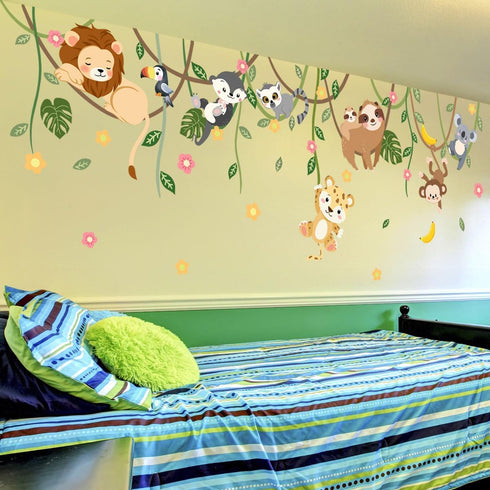 iMagitek 90.94" 62.59" Large Jungle Animals Tree Wall Decals Safari Animals Climbing Trees Wall Stickers Elephant