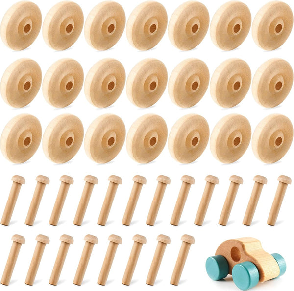 Civaner 36 Pack Wooden Wheels Toys - Mini Wooden Craft Wheels with Axle Pegs for DIY Toy Cars