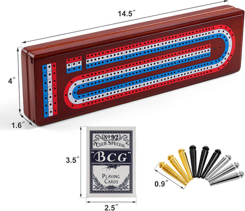 Set 3 9 2 Sets Cribbage Board Game with Large Storage Area, Solid Wood Track Cribbage Board, Metal Pegs, Playing Cards