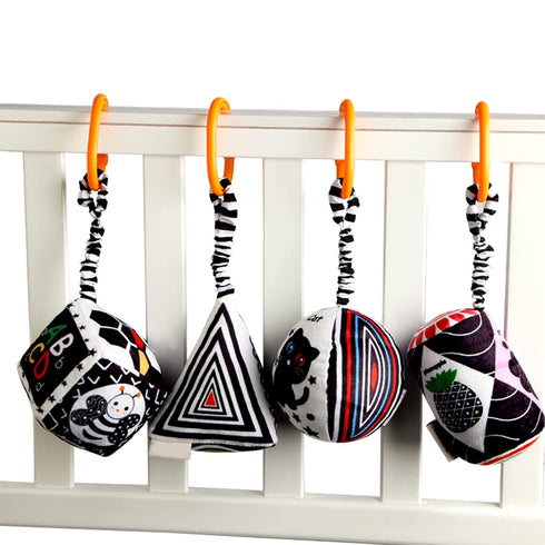 KAKIBLIN Baby Hanging Rattle Toys, 4 Pack Car Seat Stroller Toys Soft Squeaky Toys for Baby 0-6 Months Newborn Infant Car Bed Travel Activity, White and Black