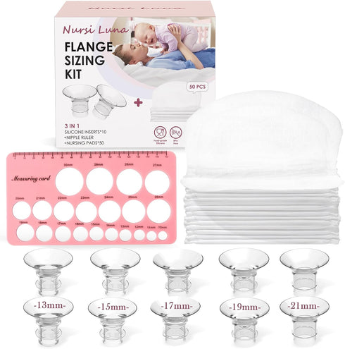 Flange Sizing Kit with Flange Inserts 13/15/17/19/21mm 10PCS, Nipple Ruler, 50 Pads,