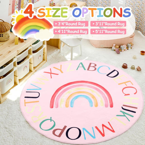 Nursery Rug Round Rainbow Classroom Rug Elementary, Non-Slip Rainbow Rug for Girls Room, Extra Large Learning Carpet
