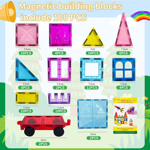 100PCS Set, 3D Set 2 3 4 5 6 7 8 9 Magnetic Tiles, Kids Magnetic Blocks Toy Magnet Tiles Clear Building Blocks