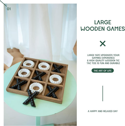 10.6 Inch GENMOUS Wooden Tic Tac Toe Game Board for Seniors Family Indoor, White Rustic Giant Tic Tac Toe Coffee Table