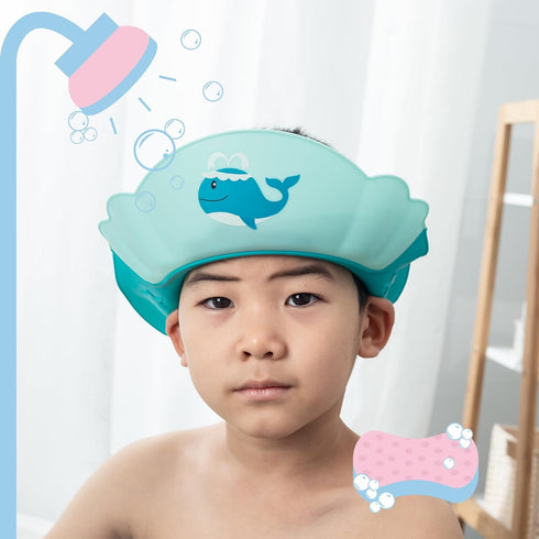 Baby Shower Cap Shield, Visor Hat for Kids, Eye and Ear Protection, Cute Whale Shape, 0-9 Years Old, Blue