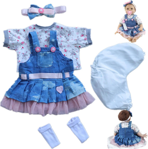 Reborn Baby Doll Clothes for 17-22 Inch Newborn Girl, Outfit Accessories with Denim Skirt 5pcs Set