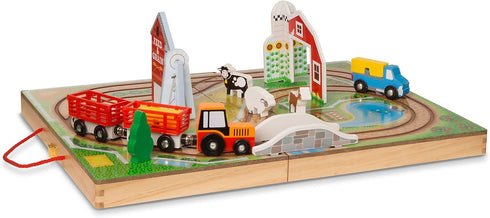 17-Piece 4 1+ Melissa & Doug Wooden Take-Along Tabletop Farm, Farm Vehicles, Play Pieces, Barn, Grain House Take-Along