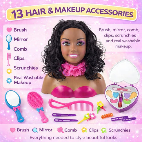 Playset Liberty Imports African American Black Makeup and Hair Styling Doll Head Toy with Real Washable Cosmetic