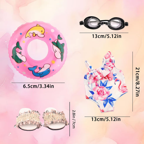 Doll Swimsuit Set for 18-Inch Doll, 7 Pcs Swimming Accessories, Bathing Suit, Goggles, Flip-Flops, Swim Ring