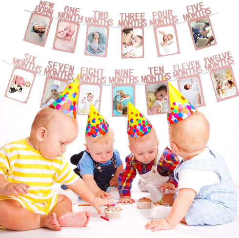 Newmemo 1st Birthday Photo Banner, Baby to 12 Months Rose Gold Milestone Safari Jungle Decor