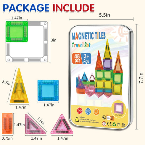 Kerhitoy 48PCS Set 3+ Mini Magnetic Tiles Travel Years | Kids Magnetic Building Blocks with Iron Box | STEM Educational