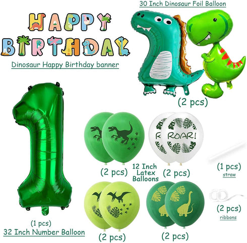 Happy 1st Birthday Decorations - Large Dinosaur Foil Balloons, Number 1 & Dinosaur Printed Balloons, Banner for Boy &
