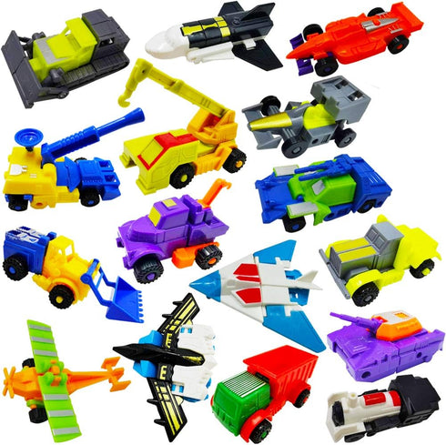 Morphing Robot Construction Toy Cars - Mini Pull Back Vehicles Set of 16 for Toddlers Kids Birthday Favors