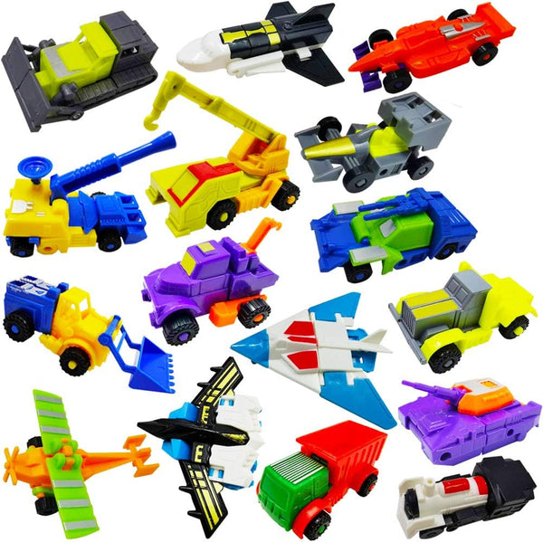 Morphing Robot Construction Toy Cars - Mini Pull Back Vehicles Set of 16 for Toddlers Kids Birthday Favors