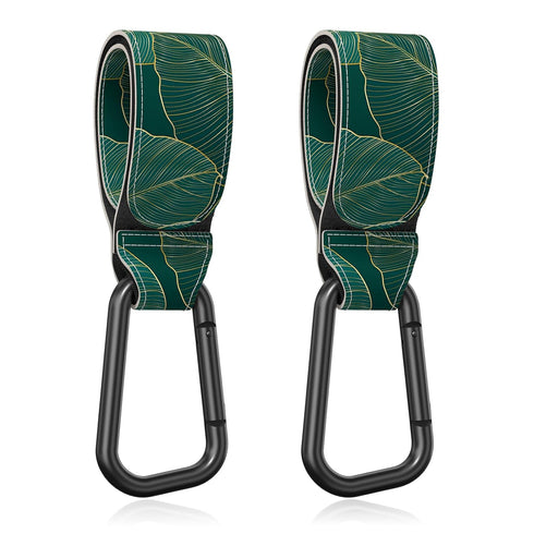 Baby Stroller Hooks for Hanging Bags, Universal Clips for Diaper Bag, Shopping Bag, Purse, Green Leaf, 2 Pack