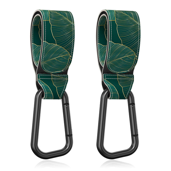 Baby Stroller Hooks for Hanging Bags, Universal Clips for Diaper Bag, Shopping Bag, Purse, Green Leaf, 2 Pack