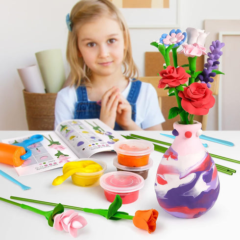 Drama Planet Flower Craft Kit for Kids, Make Your Own Flower Bouquet with Air Dry Clay, Arrange Clay Flowers & Create