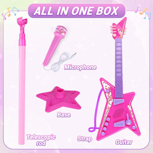 deAO Kids Guitar and Microphone Set, Adjustable Height Microphone with Stand, Music Light Karaoke Toys for Kids