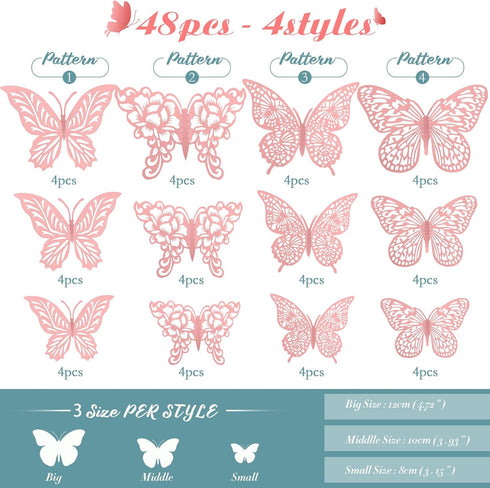 3D 3 4 48Pcs) Pink Butterfly Wall Decor Sizes Styles Butterfly Party Decorations Cake Decorations Removable Stickers