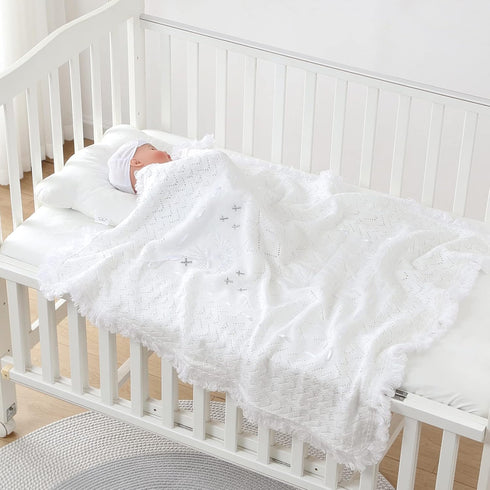 37x39 Booulfi Baby Christening Blanket Baby Blankets Neutral Newborn Essentials White Nursery Blankets Knitted Baptism