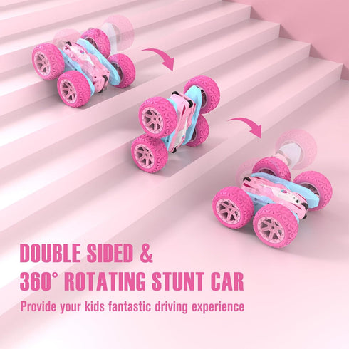 2.4Ghz 360 3+ Remote Control Car, Pink RC Cars for Girls, Rechargeable RC Truck, Double Sided Rotating Stunt Car Toy
