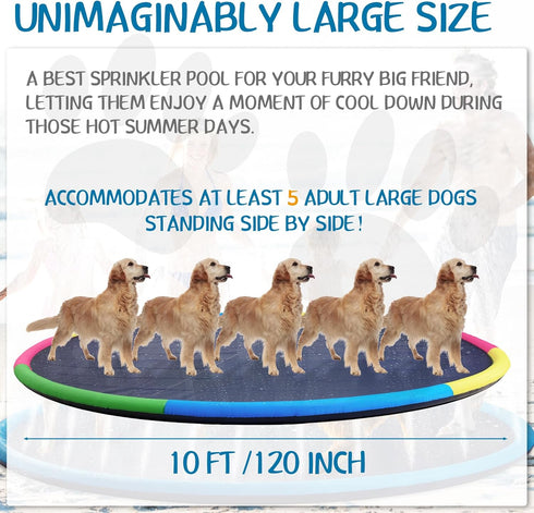 10 120" Summer Dog(4 Lewtemi ft Extra Large Non-Slip Splash Pad for Adult Kids and Dog, Giant Thicken Sprinkler Pool
