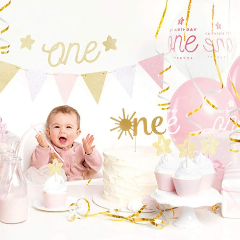 Cake Topper for Baby 1st Birthday - Gold Glitter Sunshine ONE Anniversary Shower Topper for Party Cake Decorating