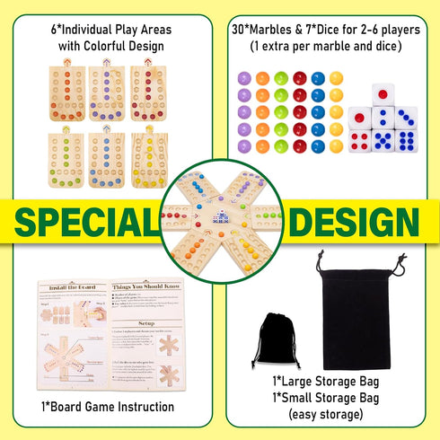 Set, 30 7 (2-6 WodGod Original Marble Board Game Portable Wooden Tabletop Game with Marbles and Dice for Family Party