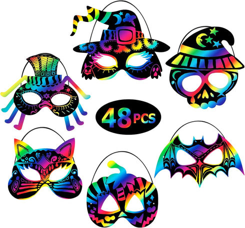 Max Fun 48PCS Halloween Rainbow Scratch Mask, Art Craft Kit for Kids Birthday, Classroom Decoration, Halloween Party