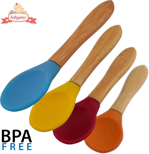 Babynow Bamboo Baby Spoons Pack of 2, Self-Feeding Supplies for 6+ Months Babies & Toddlers in Soft Tip Designs BURGUNDY