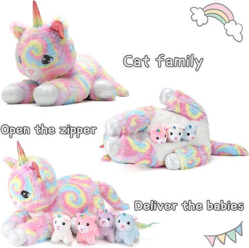 22inch Momma 4pcs 5 1 Playset Unicorn Stuffed Animals Cat Plush for Girls, Cat Plushie with Baby Kitty Toys