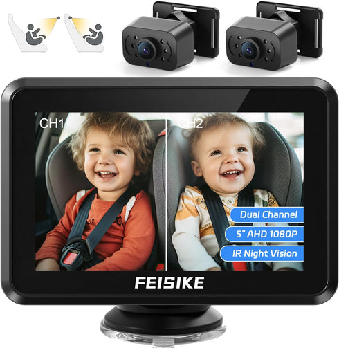 FEISIKE Baby Car Camera with 1080P Dual-Channel, 5 inch Display, 2 IR Night Vision Cameras for Rear Facing Seat