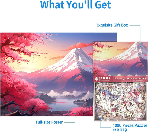 1000 Piece Puzzle for Adults - Iceberg Sakura Jigsaw Puzzles - Cherry Blossom & Mount Fuji Oil Painting