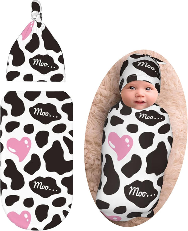 Cow Print Newborn Swaddle Blanket with Beanie Hat Set, Baby Pink Heart, Soft Infant Gifts for Boys Girls