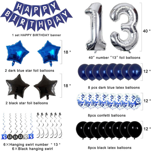13th Birthday Decorations for Boys - Dark Blue HAPPY BIRTHDAY Banner and Silver Number 13 Balloons, Party Supplies