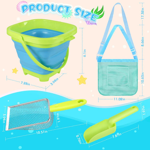 FHOZGECY 2 2 Beach Toys, Sand Toys with Collapsible Bucket, Beach Mesh Shovel, Sand Shovel, Shark Tooth Sifter and Mesh