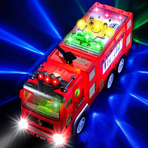 Zetz Brands Fire Truck Toy for Kids, 4D LED Lights, Bump & Go Fire Engine with Siren Sound, Ideal Birthday Gift